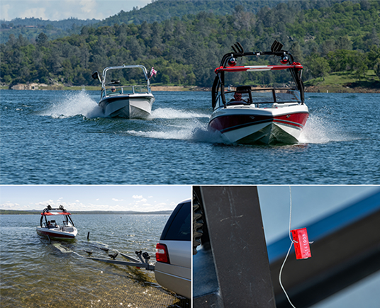 Boaters at Folsom Lake SRA. Bottom right: Once a vessel passes inspection, it will receive a red quarantine seal that cannot be removed during the 30-day quarantine. Photos from California State Parks