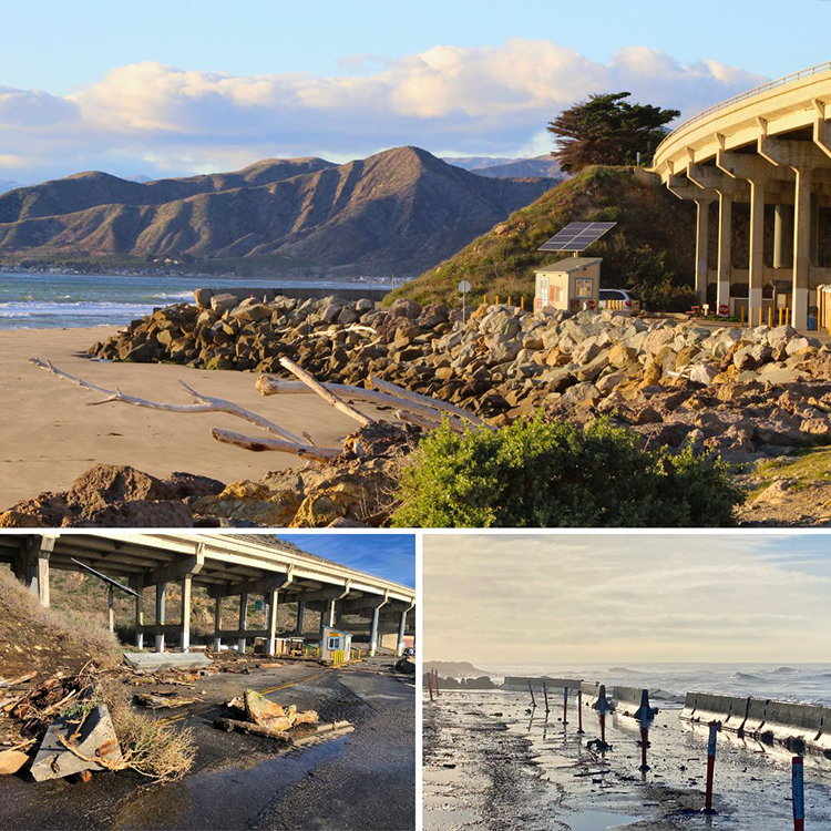 Top pic: View of North Beach, which will be under a temporary closure. Bottom pics: Storm damage from February 2024 king tide events. Photos from California State Parks.